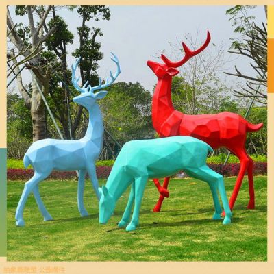 玻璃鋼梅花鹿，幾何形塊面抽象動(dòng)物雕塑