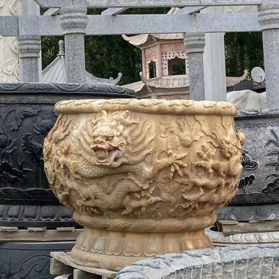 晚霞紅大理石石雕水缸，龍紋魚(yú)缸