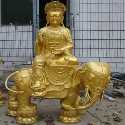 黃銅噴漆佛像景觀，文殊普賢騎大象雕塑